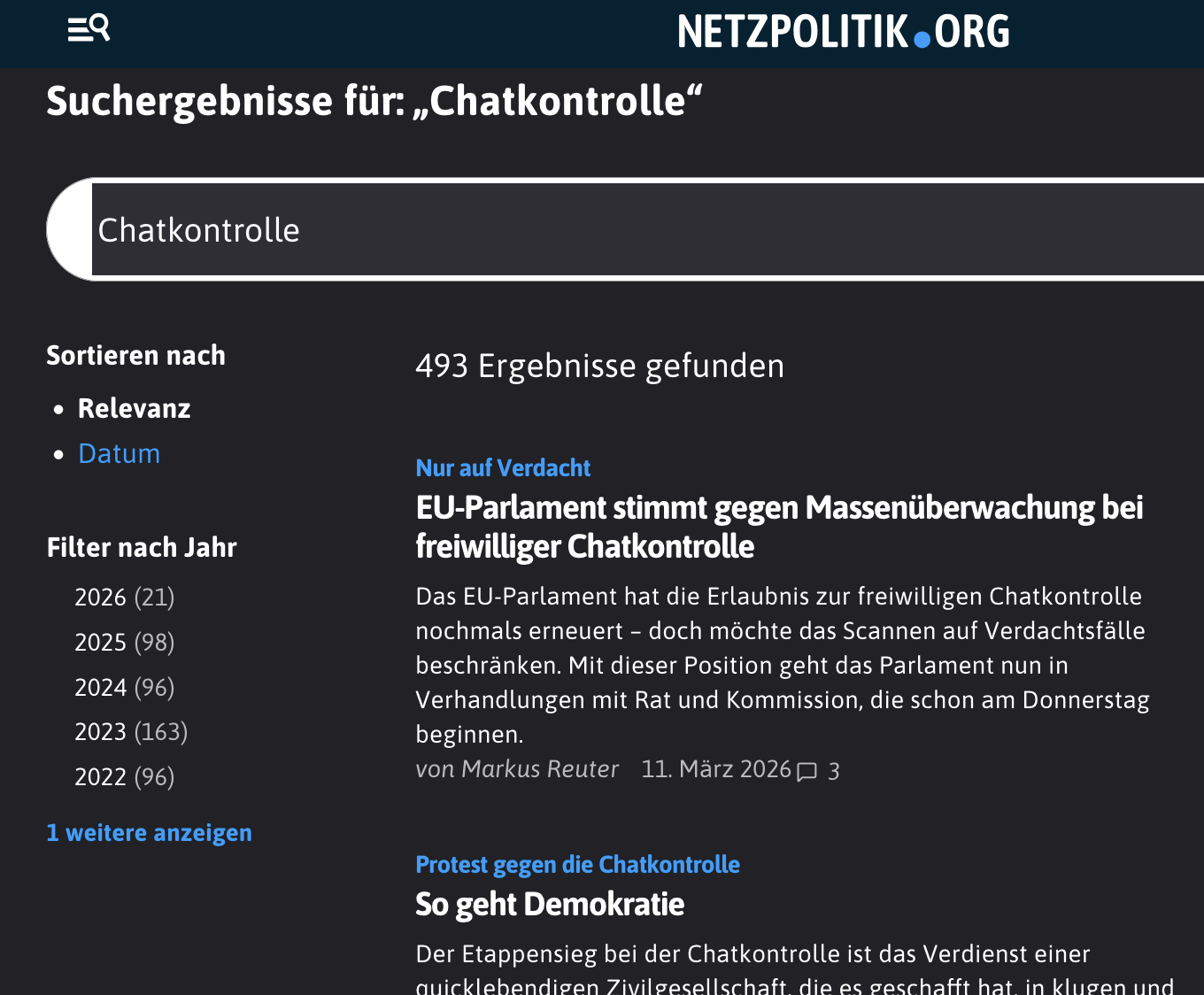 Screenshot der Suchergebnisse für "Chatkontrolle" auf netzpolitik.org